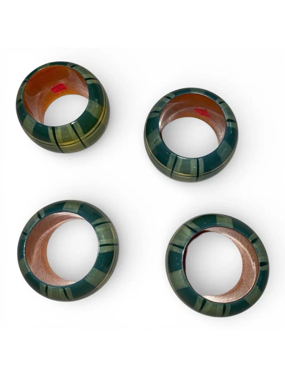 Set of 4 Solid Wood Plaid Napkin Rings Green Yellow Easter Spring Table Decor